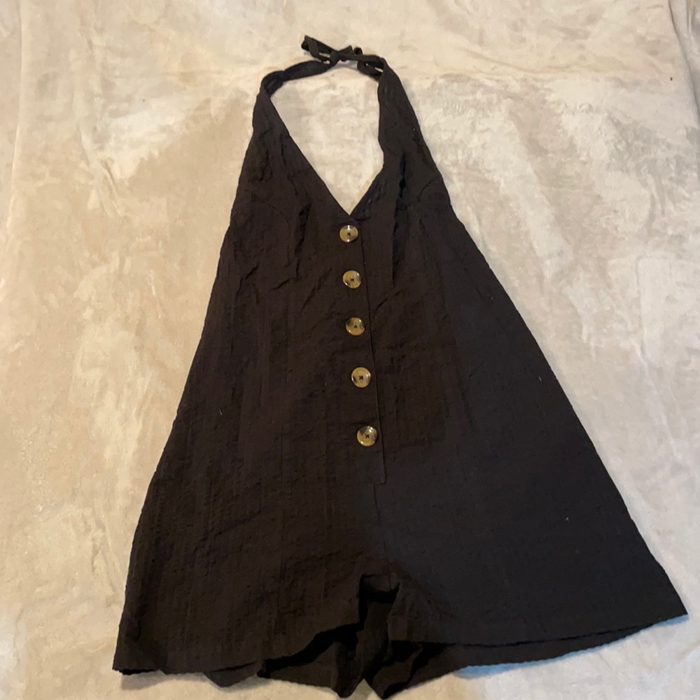 Black halter romper in linen